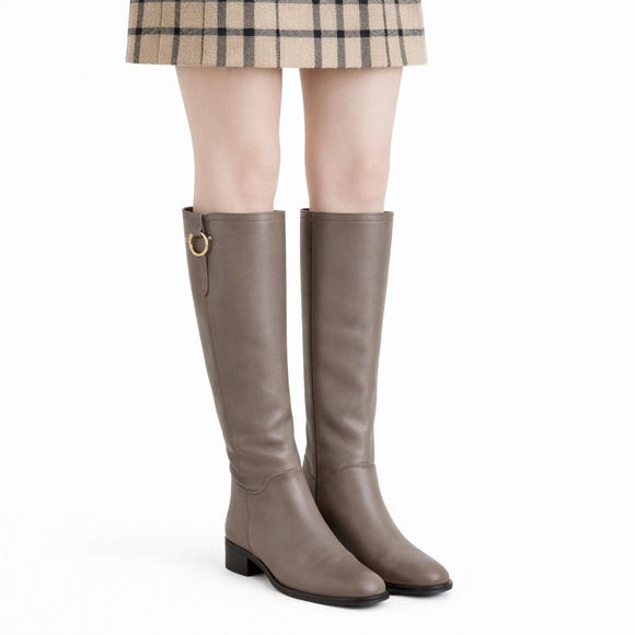 Salvatore Ferragamo Shoes - Size 9 Salvatore Ferragamo Women’s Fersea Gancini Grey Leather Riding Boots
